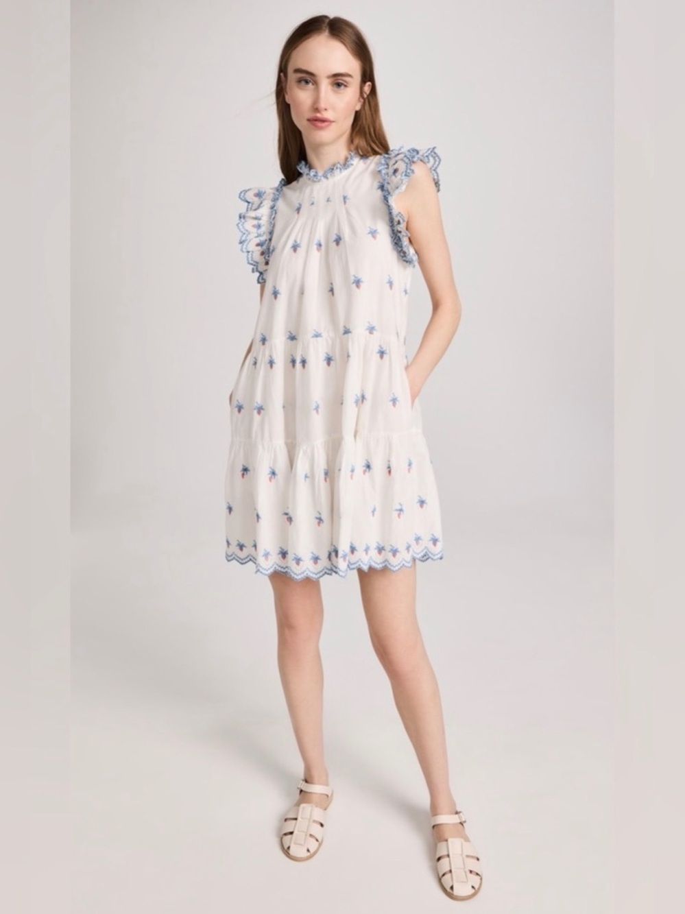 Sea New York Renee Strawberry Embroidered Cotton Mini Dress White Blue XS